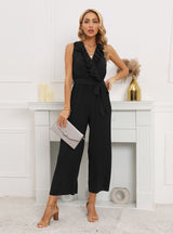 Sleeveless V-neck Lotus Leaf Pleated Jumpsuit