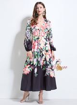 Retro Printed Breasted Puff Sleeve Dress