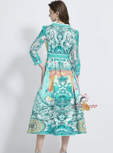 Retro V-neck Printed Long Sleeve Dress