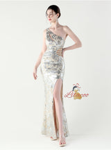 Mermaid Sequins One Shoulder Split Prom Dress