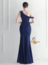 Navy Blue One Shoulder Split Prom Dress