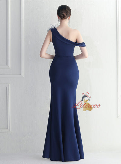 Navy Blue One Shoulder Split Prom Dress