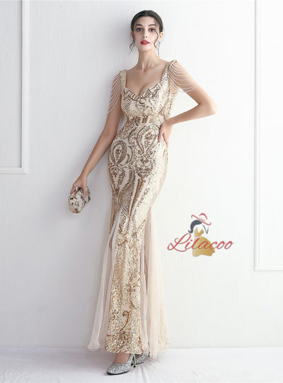 Sequins Mermaid Straps Beading Prom Dress