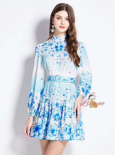Slim Lantern Sleeve Ruffled Printed Dress
