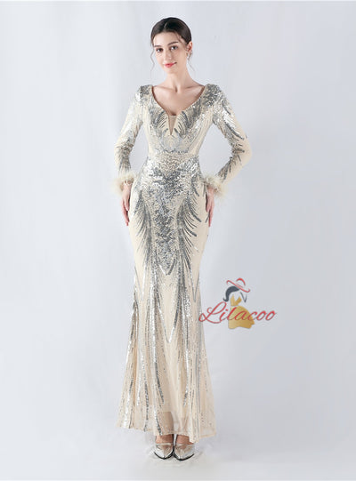 Long Sleeve Mermaid Sequins Prom Dress