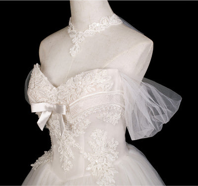 White Tulle Lace Off the Shoulder Wedding Dress