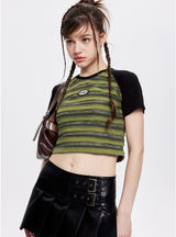 Color Matching Striped Short-sleeved T-shirt