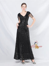 V-neck Sequins Cap Sleeve Beading Prom Dress