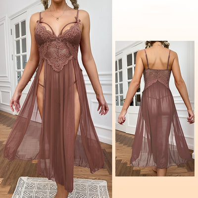 Sexy Gauze Deep V Lace Slit Suspender Pajamas