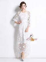Long Sleeve Round Neck Slim Waist Lace Dress