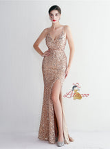Spaghetti Straps Mermaid Sequins Split Prom Dress