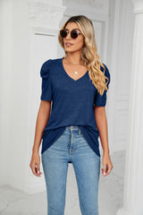 Loose Pleated V-neck Short Sleeve T-shirt