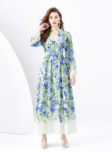 V-neck Lantern Sleeve Wavy Long Retro Print Dress