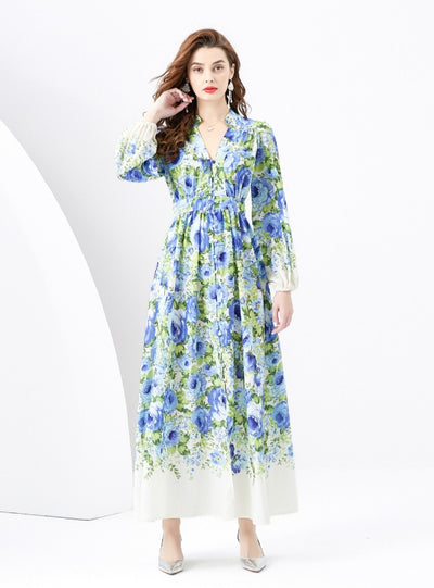 V-neck Lantern Sleeve Wavy Long Retro Print Dress