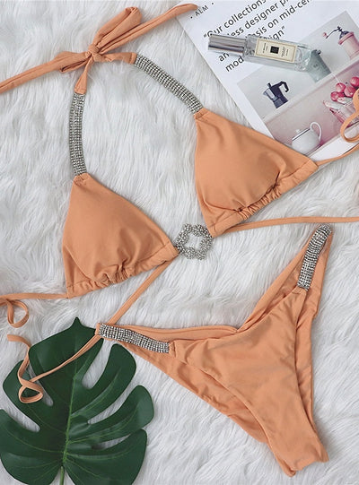 Sexy Strap Rhinestone Pleated Bikini