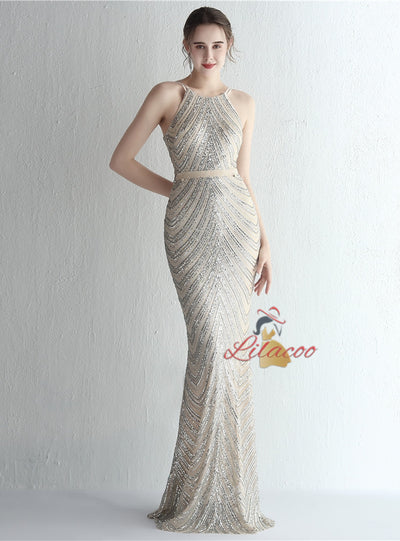 Halter Mermaid Sequins Prom Dress