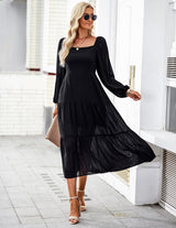 Solid Color Square Collar Long Sleeve Dress