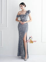 Mermaid Sequins One Shoulder Split Prom Dress