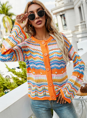 Women Loose Rainbow Striped Sweater