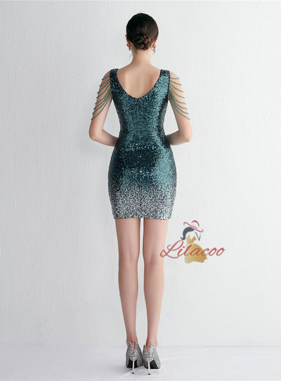 V-neck Sequins Beading Short Prom Dress