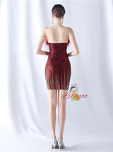 Burgundy Sheath Sequins Strapless Short Prom Dress