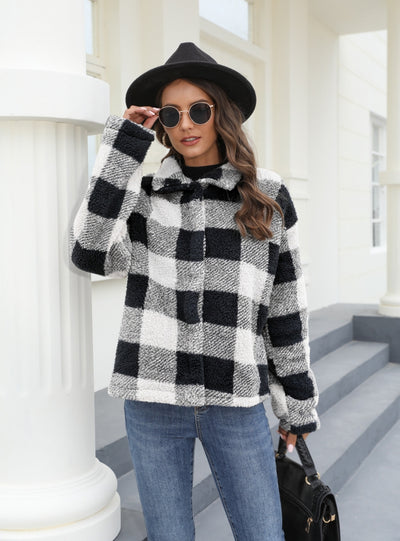 Button Padded Warm Lapel Plaid Plush Coat