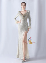 Long Sleeve V-neck Sequins Prom Dress