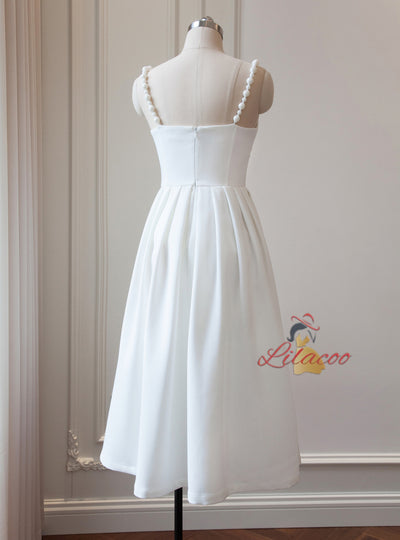 White Straps Pearls Short Prom Dress