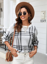 Plaid Splicing Pullover Round Neck Sweater