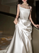 White Satin Straps Wedding Dress