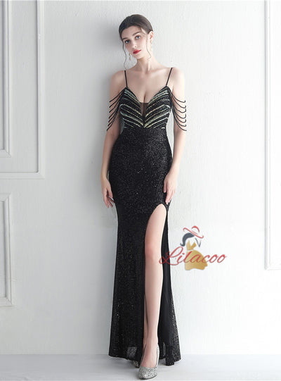 Spaghetti Straps Sequins Beading Prom Dress