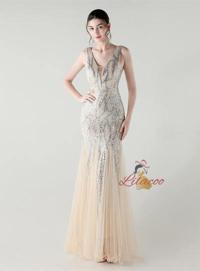 Mermaid Tulle Sequins V-neck Prom Dress