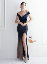 Velvet Sequins Off the Shoulder Prom Dress