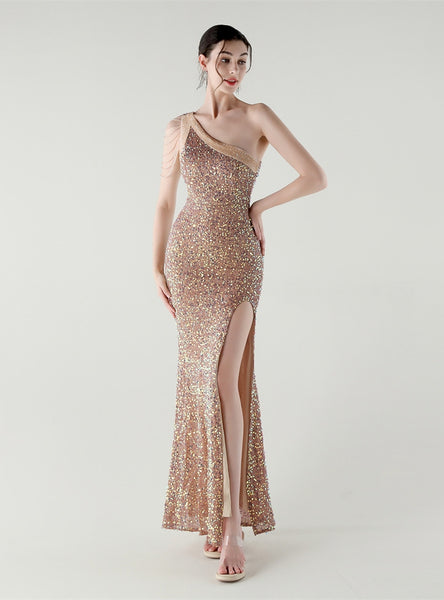 Mermaid Sequins One Shoulder Beading Prom Dress