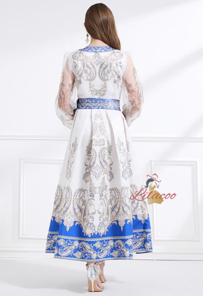 Retro Palace Printed Long Bubble Sleeve Dress