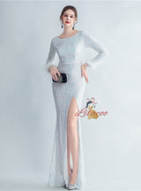 Long Sleeve Split Sequins Prom Dress