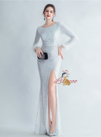 Long Sleeve Split Sequins Prom Dress