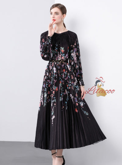 Pleated Print Oversized Pleated Dress