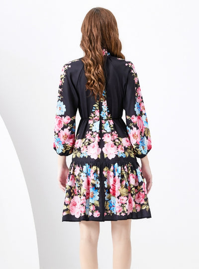 Retro Painted Lantern Sleeve Wavy Printed Dress