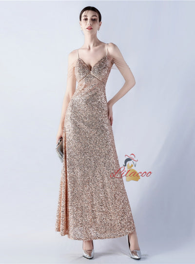 Spaghetti Straps V-neck Beading Prom Dress