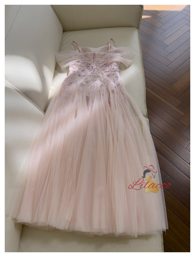 Pink Tulle Sequins Flower Prom Dress
