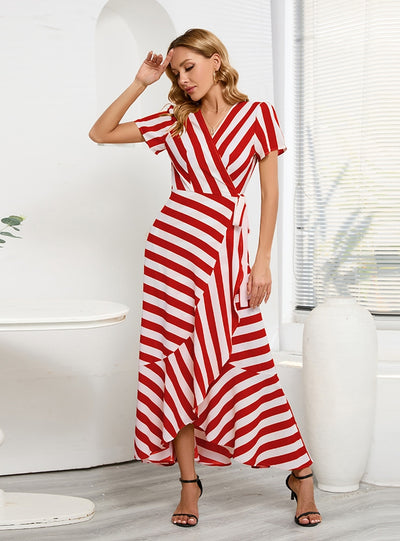 Slim-fit Striped Irregular Swing Dress