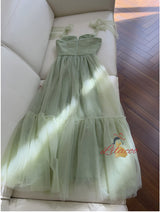 Green Tulle Cherry Pleats Prom Dress