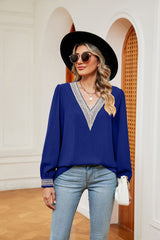 V-neck Stitching Loose Long Sleeves