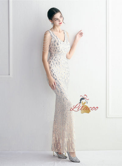 Sequins Mermaid V-neck Beading Prom Dress