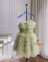 Green Tulle Lace Straps Tiers Short Prom Dress