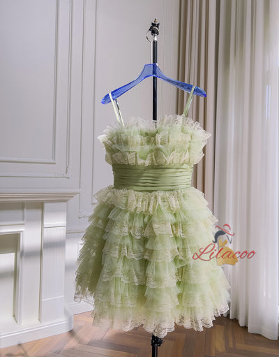 Green Tulle Lace Straps Tiers Short Prom Dress