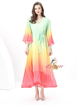 V-neck Flared Sleeve Gradient Dress
