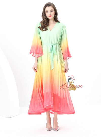 V-neck Flared Sleeve Gradient Dress
