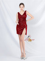 V-neck Sequins Pleats Mini Prom Dress